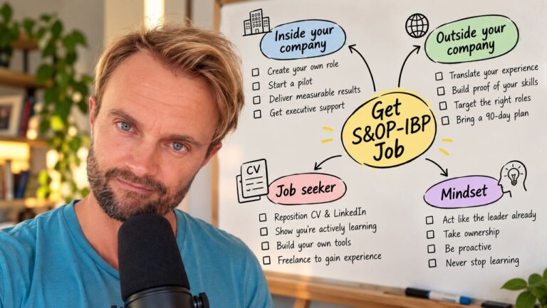 Edouard Thieuleux next to a whiteboard mindmap showing the 4 paths to get an S&OP / IBP job
